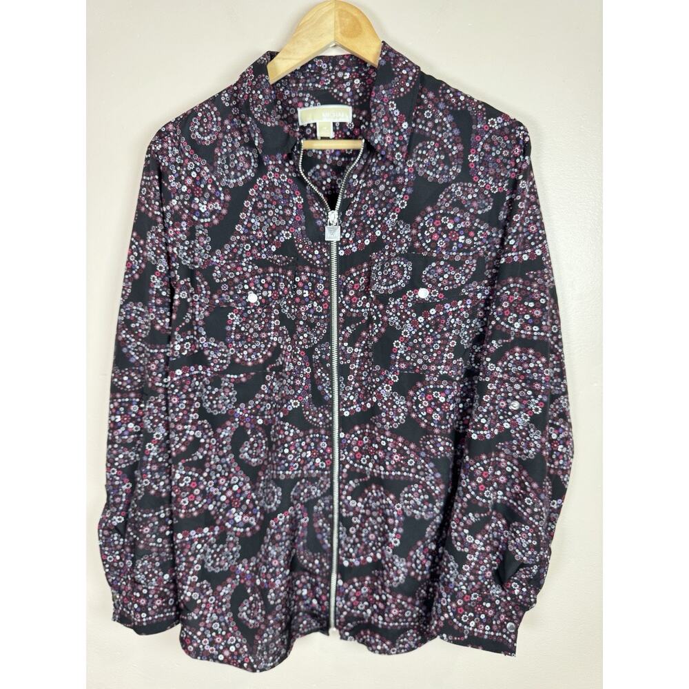 Michael Kors Womens Plus Size Blouse 1X Black Paisley Collared Zip Up Jacket